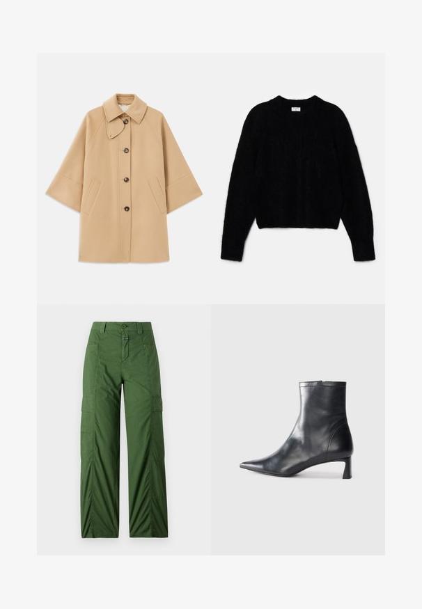 Beige ullblandad kappa med klassisk krage, framknäppning med knappar och sidofickor; har raglanärmar och en ren, strukturerad design.; Svart kortad tröja i fluffigt material. Har en rund halsringning och långa ärmar med en mjuk textur. Minimalistisk design, inga mönster.; Gröna cargo-byxor i lättviktigt tyg, med en avslappnad passform, sidofickor och knäppning med knapp i midjan.; Svart läder ankelboot med spetsig tå och en smidig design. Har en låg klack och en dragkedjestängning bak. Slät textur.