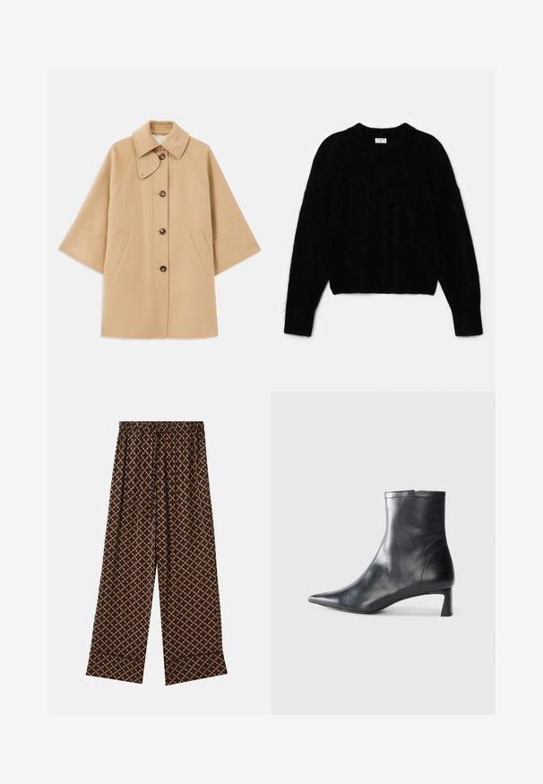 Beige gyapjú mix kabát klasszikus gallérral, elülső gombos záródással és oldalsó zsebekkel; raglán ujjaival és letisztult, strukturált dizájnjával rendelkezik.; Fekete, rövidített pulóver bolyhos anyagból. Kerek nyakkivágással és hosszú ujjakon puha tapintású. Minimális design, minta nélkül.; Barna, széles szárú nadrág geometrikus mintával bézs színben. Rugalmas derékpántja húzózsinórral rendelkezik. Könnyű anyag, sima tapintású.; Fekete bőr bokacsizma hegyes orral és letisztult dizájnnal. Alacsony sarka és hátsó cipzáras záródása van. Simának tűnő textúra.