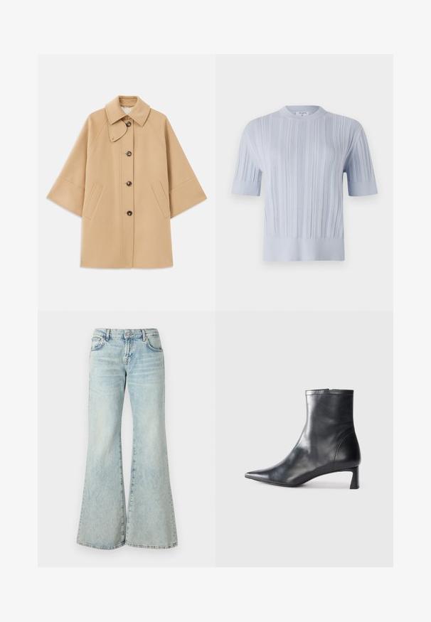 Šviesiai rudas vilnos mišinys paltas su klasikiniu apykakle, priekyje mygtukais užsegamas, ir šoninėmis kišenėmis; turi raglan tipo rankoves ir švarų, struktūrizuotą dizainą.; Šviesiai mėlynas trumpas rankovėmis megztinis su vertikaliu raukšlėtu raštu ir apvaliu iškirpimu. Audinys turi subtilių detalių su prigludusiu apvadu.; Šviesiai mėlynos plačios džinsinės kelnės, pasiūtos iš džinsinio audinio, turi aukštą liemenį, kišenes ir susidėvėjusius kraštus. Audinys yra šviesiai nuplautas ir šiek tiek tekstūruotas.; Juodas odinis kulkšninis batas su smailiu pirštu ir elegantišku dizainu. Turi žemą kulną ir užtrauktuką gale. Lygi tekstūra.