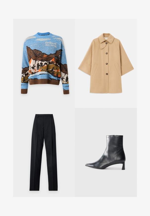 Μπεζ παλτό από μείγμα μαλλιού με κλασικό γιακά, μπροστινό κλείσιμο με κουμπιά και πλευρικές τσέπες; διαθέτει ράγκλαν μανίκια και καθαρή, δομημένη σχεδίαση.; WEEKEND MaxMara GANG - Πουλόβερ - mandarino; Μαύρο παντελόνι φτιαγμένο από λείο ύφασμα με ψηλή μέση, φαρδιές γάμπες, πλάγιες πιέτες και κλασσικές θηλιές ζώνης. Δεν υπάρχουν ορατές πλαϊνές τσέπες.; Μαύρη δερμάτινη μπότες αστραγάλου με μυτερή μύτη και κομψό σχέδιο. Διαθέτει χαμηλό τακούνι και φερμουάρ στο πίσω μέρος. Λείο υφή.