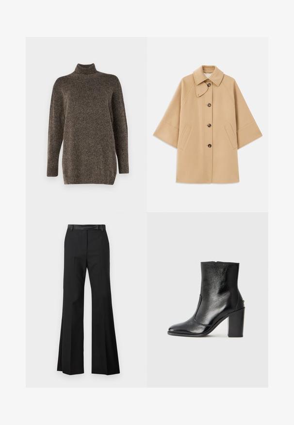 Beige uldblandingsfrakke med klassisk krave, frontknaplukning og sidelommer; har raglanærmer og et rent, struktureret design.; Brun strikket turtleneck sweater med lange ærmer, en afslappet pasform og ribbede manchetter, der har en blød tekstur og en subtil farvevariation.; Sorte flared bukser med en glat stoffinish, der har en fast talje og pressede folder for et skræddersyet udseende.; Sorte læder ankelstøvler med en glat overflade, spids tå og en chunky høj hæl. Har en sidelukning og minimalistisk design.