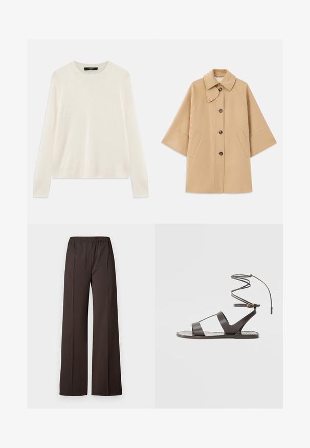 Beige wollen blend jas met een klassieke kraag, sluiting met knopen aan de voorkant en zijzakken; heeft raglanmouwen en een nette, gestructureerde uitstraling.; Crème-kleurige gebreide trui met een ronde halslijn, lange mouwen en geribbelde accenten bij de boorden en onderkant. Zachte, fijne textuur.; Wijdvallende broek in donkerbruin stof met een elastische tailleband, voorzien van een gladde textuur en scherpe lijnen voor een verzorgd uiterlijk.; Bruine leren sandaal met een platte zool, met een minimalistisch ontwerp, gebogen enkelband en meerdere uitsparingen voor ademend vermogen.