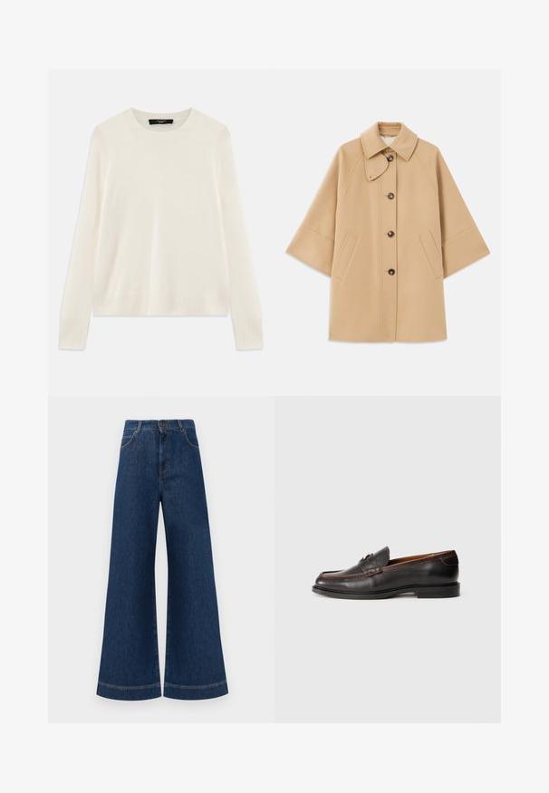 Abrigo de mezcla de lana color beige con un cuello clásico, cierre delantero de botones y bolsillos laterales; presenta mangas raglán y un diseño limpio y estructurado.; Suéter de punto color crema con cuello redondo, mangas largas y acabados acanalados en los puños y el dobladillo. Textura suave y fina.; Jeans de mezclilla azul de pierna ancha con una cintura alta, que cuentan con un cierre de botón, pasadores para cinturón y detalles de costura sutil a lo largo de los bolsillos y los dobladillos.; Mocasines de cuero negro con un acabado suave, punta redondeada y detalle de costura. Presentan un tacón bajo y un diseño minimalista.