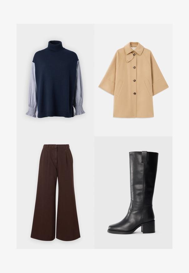 Šviesiai rudas vilnos mišinys paltas su klasikiniu apykakle, priekyje mygtukais užsegamas, ir šoninėmis kišenėmis; turi raglan tipo rankoves ir švarų, struktūrizuotą dizainą.; Tamsiai mėlynas megztas džemperis su aukštu apykakle, turintis dryžuotas rankoves ir šviesias raukšles. Minkštas audinys, laisvas pritaikymas ir siuvinėjimo detalės.; Aukšto juosmens platėjančios rudos kelnės su mygtuku ir užtrauktuku, dirželių kilpomis ir priekinėmis raukšlėmis.; Juodos odinės iki kelių siekiančios botai su lygiu paviršiumi, kvadratiniu pirštu, storu kulnu ir šoniniu kilputė, su minimaliais siuvimo akcentais.