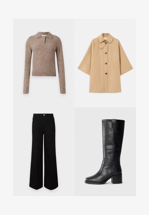 Beige wool blend coat with a classic collar, front button closure, and side pockets; features raglan sleeves and a clean, structured design.; Brown wool sweater with a collared neckline, featuring a diamond pattern and long sleeves, finished with ribbed cuffs and hem.; Black wide-leg jeans made of sturdy fabric, featuring a high waist, front pockets, and a front button closure. Flat hem at the bottom.; Black leather knee-high boots with a smooth texture, square toe, block heel, and side pull tab, featuring minimal stitching details.