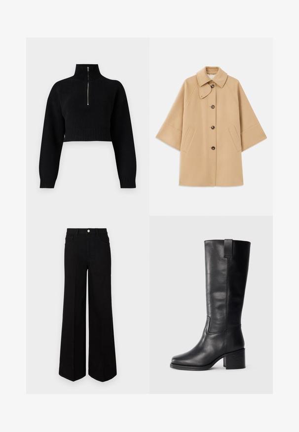 Beige wool blend coat with a classic collar, front button closure, and side pockets; features raglan sleeves and a clean, structured design.; Black cropped sweater with a high collar, featuring a half zip closure. Knitted texture, wide sleeves, and ribbed hem detailing.; Black wide-leg jeans made of sturdy fabric, featuring a high waist, front pockets, and a front button closure. Flat hem at the bottom.; Black leather knee-high boots with a smooth texture, square toe, block heel, and side pull tab, featuring minimal stitching details.