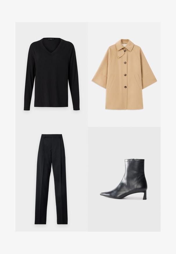 Beige Wollmischungsjacke mit klassischem Kragen, durchgehender Knopfleiste und Seitentaschen; verfügt über Raglanärmel und ein sauberes, strukturiertes Design.; Schwarzer langärmeliger V-Ausschnitt-Pullover aus weichem Stoff, mit legerem Schnitt und gerippten Details am Kragen und an den Bündchen.; Schwarze Hosen aus glattem Stoff mit hoher Taille, weitem Bein, vorderen Falten und klassischen Gürtelschlaufen. Keine sichtbaren Seitentaschen.; Schwarze Lederstiefelette mit spitzer Zehe und schlankem Design. Verfügt über einen niedrigen Absatz und einen Reißverschluss hinten. Glatte Textur.