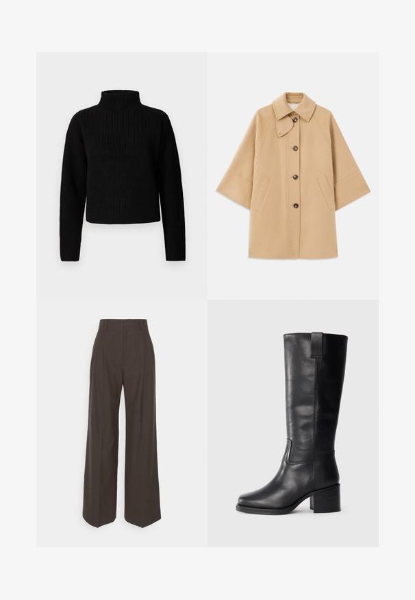 Beež villasegu jakk klassikalise kraega, ees nuppude sulgemise ja küljetaskutega; omab raglan-varrukaid ja puhtalt, struktureeritud disaini.; Mustra musta soonik, millel on pikad varrukad ja lühike disain. Tekstuur näeb paks ja kudumina välja, ilma nähtavate mustrite või kaunistusteta.; Tumepruunid lai jalad püksid kõrge vöökohaga, millel on korralikult pressitud kortsud, sile tekstuur ja täpselt sobiv lõige.; Musthave mustad nahktoodete bikiinibootid, millel on sile pind, ruudukujuline varvas, plokk-kand ja külgmine tõmbeaas, minimaalse õmblusega detailid.