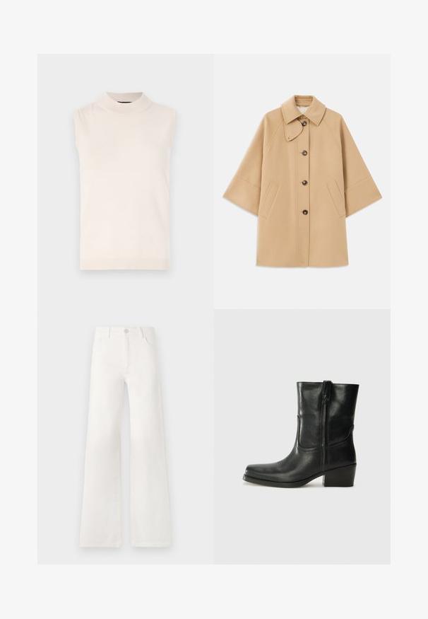 Bežový kabát z vlnenej zmesi s klasickým golierom, predným zapínaním na gombíky a bočnými vreckami; má raglánové rukávy a čistý, štruktúrovaný dizajn.; Krémový pletený top bez rukávov s vysokým golierom a rebrovaným lemovaním. Mäkka textúra a priliehavý strih, vhodný na vrstvenie alebo samostatné nosenie.; Biele, vysoko pásové široké nohavice vyrobené z denimu. Obsahujú gombíkovú zatváranie, dve predné vrecká a bočné švy s detailmi šitia.; Čierne kožené členkové topánky s okrúhlou špičkou, blokovým podpätkom, bočným zipsom a prešívaním na priehlavku. Hladká textúra, klasický dizajn.