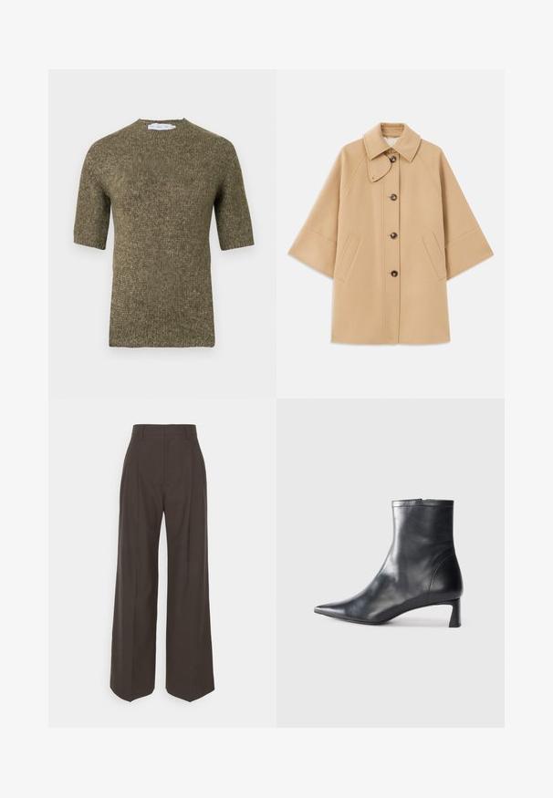 Bež kaput od vune s kombinacijom materijala, klasičnog ovratnika, prednjim zatvorenjem na dugmad i bočnim dzepovima; ima raglan rukave i čist, strukturiran dizajn.; Kratki rukavi, džemper od maslinasto zelene pletenine s teksturiranim uzorkom i zaobljenim izrezom, s rebrastim detaljima na rukavima i rubu.; Tamno smeđi hlače širokih nogavica s visokim strukom, s uredno peglanim naborima, glatkom teksturom i krojem koji dobro pristaje.; Crne kožne gležnjače s uskim vrhom i elegantnim dizajnom. Imaju niski potpetak i zatvaranje na patentni zatvarač straga. Glatka tekstura.