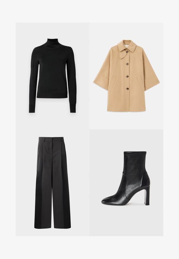 Beżowy płaszcz z wełny z klasycznym kołnierzem, z przodu zapinany na guziki, z kieszeniami po bokach; posiada rękawy raglanowe oraz prosty, uporządkowany fason.; Czarny sweter z długim rękawem i stojącym kołnierzem, z prążkowanymi mankietami i dołem, zaprezentowany na białym tle.; Czarne szerokie spodnie z wysokim stanem, z przodu z fałdami, o gładkiej fakturze i dopasowanym wykończeniu. Zaprojektowane z myślą o luźnym kroju.; Czarny skórzany botek za kostkę o eleganckim wzornictwie, spiczastym czubku i wysokim, blokowym obcasie. Posiada gładką teksturę i minimalistyczne detale w szyciu.