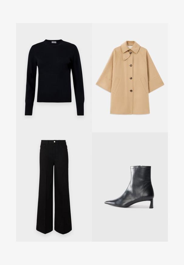Beige wool blend coat with a classic collar, front button closure, and side pockets; features raglan sleeves and a clean, structured design.; Black knit sweater with a crew neck and long sleeves. Features a smooth texture and ribbed cuffs, offering a classic fit and design.; Black wide-leg jeans made of sturdy fabric, featuring a high waist, front pockets, and a front button closure. Flat hem at the bottom.; Black leather ankle boot with a pointed toe and a sleek design. Features a low heel and a zipper closure at the back. Smooth texture.