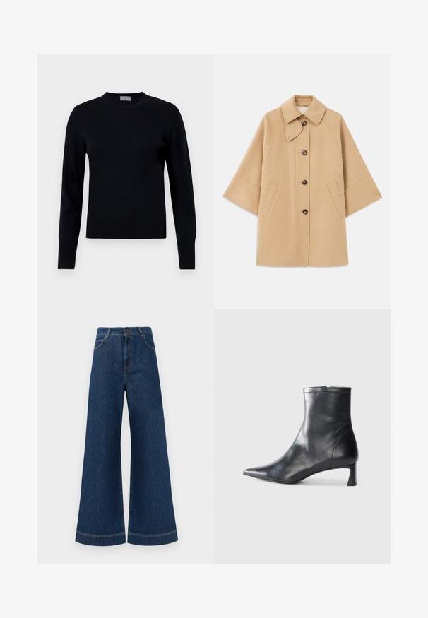 Beige Wollmischungsjacke mit klassischem Kragen, durchgehender Knopfleiste und Seitentaschen; verfügt über Raglanärmel und ein sauberes, strukturiertes Design.; Schwarzer Strickpullover mit Rundhalsausschnitt und langen Ärmeln. Verfügt über eine glatte Textur und gerippte Bündchen, die eine klassische Passform und ein zeitloses Design bieten.; Weite blaue Jeans aus Denim mit hoher Taille, ausgestattet mit einem Knopfverschluss, Gürtelschlaufen und dezenten Stichdetails an den Taschen und Säumen.; Schwarze Lederstiefelette mit spitzer Zehe und schlankem Design. Verfügt über einen niedrigen Absatz und einen Reißverschluss hinten. Glatte Textur.