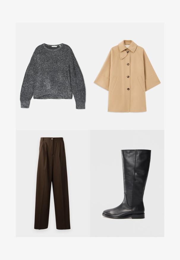 Manteau en mélange de laine beige avec un col classique, fermeture à boutons à l'avant et poches latérales ; présente des manches raglan et un design épuré et structuré.; Pull noir pailleté à coupe décontractée, col rond et manches longues. Fabriqué en fil doux avec une finition texturée et brillante.; Pantalons taillés marron avec un design à jambes larges, dotés de plis sur le devant, d'une fermeture à bouton et d'un tissu lisse et texturé.; Botte en cuir noire jusqu'au genou avec un petit talon et un bout arrondi, présentant des détails de couture le long de la tige et de l'empeigne.