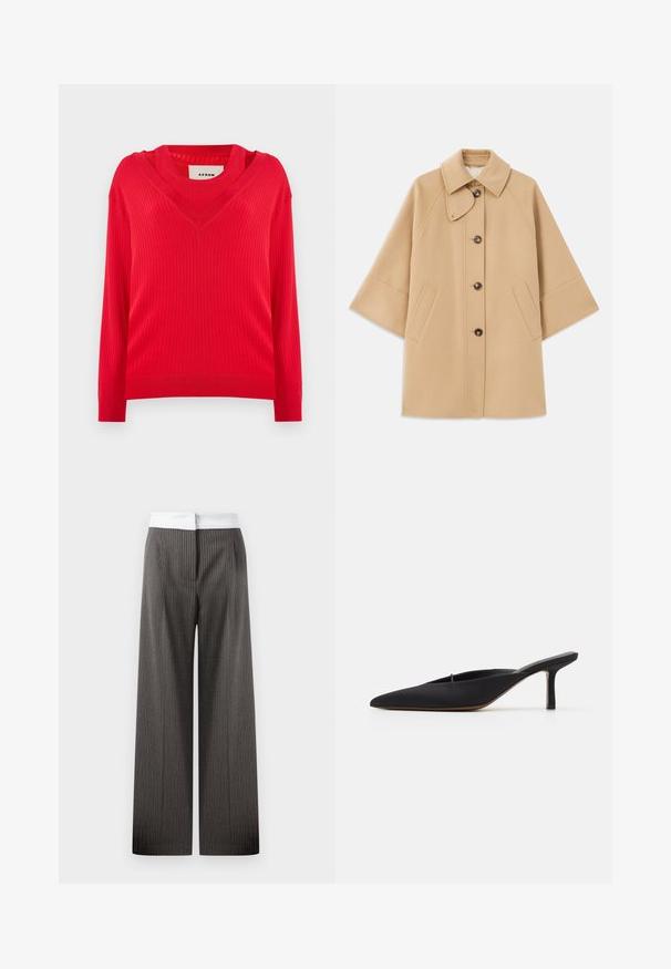 Manteau en mélange de laine beige avec un col classique, fermeture à boutons à l'avant et poches latérales ; présente des manches raglan et un design épuré et structuré.; Pull rouge à côtes avec un décolleté en V et des manches longues. Présente une coupe légèrement raccourcie et un tissu tricoté texturé.; Pantalons à jambes larges en gris foncé avec des rayures verticales. La ceinture est blanche et élastique, créant un détail contrastant.; Mule noir à bout pointu avec un design élégant, fabriqué en tissu lisse, présentant un talon fin et un dos ouvert pour faciliter l'enfilage.