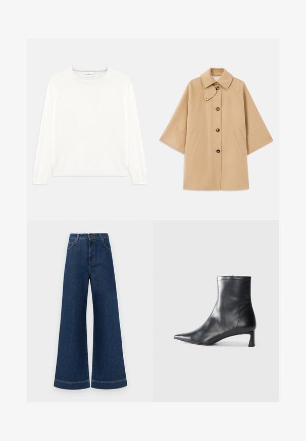 Beež villasegu jakk klassikalise kraega, ees nuppude sulgemise ja küljetaskutega; omab raglan-varrukaid ja puhtalt, struktureeritud disaini.; Kerge, kreemivärvi kootud särk ümarate krae ja pikkade varrukatega, ribades servadega. Valmistatud pehmest kangast, millel on sile tekstuur.; Laia siniste denim pükste suur jalg, kõrge vöökoht, nupuga kinnitamine, vöökohad ja peened õmblusdetailid taskute ja äärte ääres.; Mustad mustall nahkasaabas terava nina ja stiilse disainiga. Omab madalat konts ja luku sulgemist taga. Sile tekstuur.