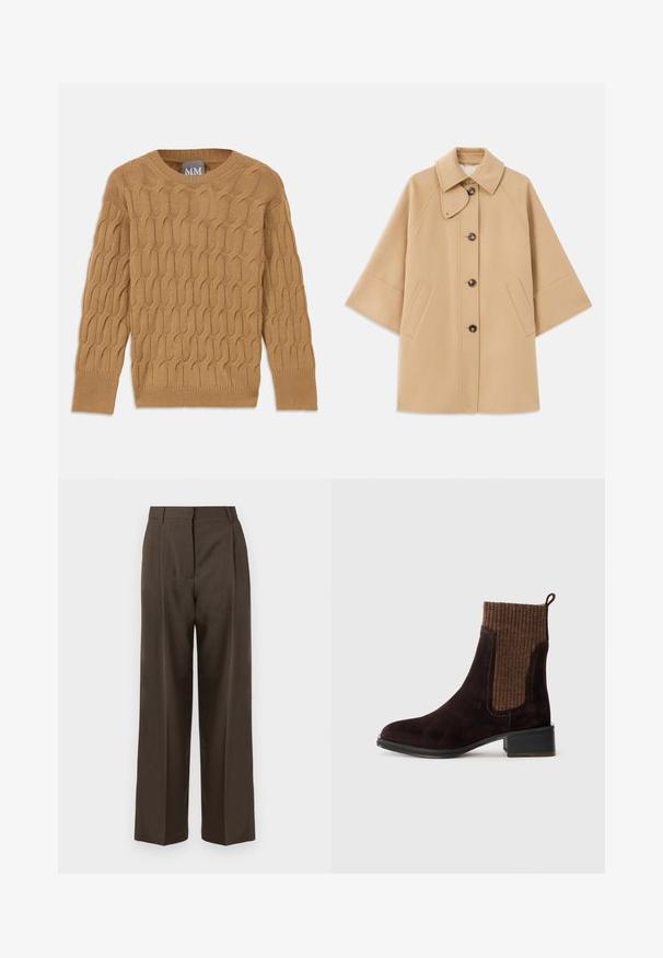 Bež kaput od vune s kombinacijom materijala, klasičnog ovratnika, prednjim zatvorenjem na dugmad i bočnim dzepovima; ima raglan rukave i čist, strukturiran dizajn.; Smeđi pleteni pulover s uzorkom pletenice, okruglim izrezom i dugim rukavima. S manžetama i rubom s rebrastim uzorkom, napravljen od mekog, teksturiranog materijala.; Smeđi široki hlače s glatkom teksturom, s visokim strukom, prednjim nabranima i krojem po mjeri. Nema vidljivih džepova ili ukrasa.; Smeđe antilop čizme do gležnja s teksturiranim smeškim rebrastim gornjim delom, glatkom završnom obradom, niskim blok petom i rupicom na peti za lakše obuvanje.