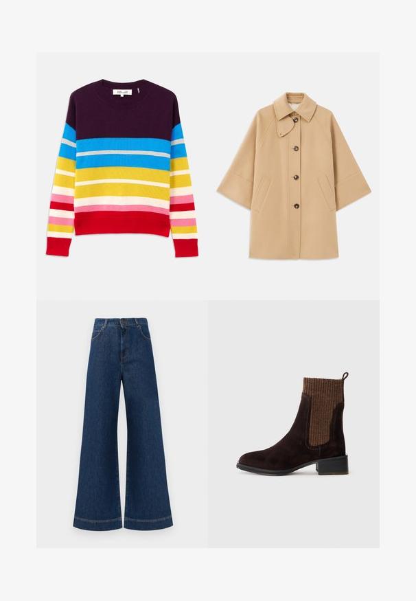 Beige wollen blend jas met een klassieke kraag, sluiting met knopen aan de voorkant en zijzakken; heeft raglanmouwen en een nette, gestructureerde uitstraling.; Gebreide trui met horizontale strepen in paars, blauw, geel, roze en rood. Ribbelboord bij de halslijn en onderkant. Zachte textuur, casual ontwerp.; Brede blauwe denimjeans met een hoge taille, voorzien van een knoopsluiting, riemlussen en subtiele stikdetails langs de zakken en zoom.; Bruine nubuck enkellaars met een gestructureerde bruine ribgebreide bovenkant, gladde afwerking, lage blokhak en een trekband aan de hiel voor eenvoudig aan- en uittrekken.