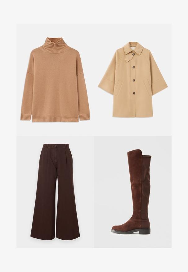 Beige gyapjú mix kabát klasszikus gallérral, elülső gombos záródással és oldalsó zsebekkel; raglán ujjaival és letisztult, strukturált dizájnjával rendelkezik.; Beige, bordázott garbós pulóver, túlságosan bő szabású, ejtett vállakkal és texturált kötött mintával. Egyenes szegéllyel és oldalsó hasítékokkal rendelkezik.; Magas derekú, bő szárú barna nadrág gombos és cipzáras záródással, övhurkokkal és elülső pliszékkel.; Magas barna velúr és szövet csizma alacsony fekete sarokkal és kerek orral, oldalnézetben, sima fehér háttér előtt bemutatva.