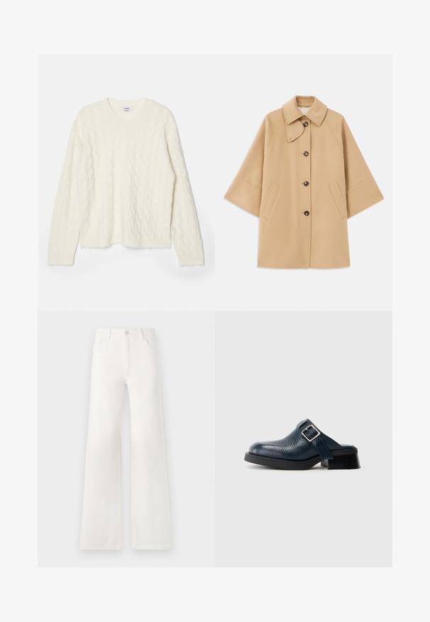 Šviesiai rudas vilnos mišinys paltas su klasikiniu apykakle, priekyje mygtukais užsegamas, ir šoninėmis kišenėmis; turi raglan tipo rankoves ir švarų, struktūrizuotą dizainą.; RE/DONE CABLE VNECK - Džemperis - ivory; Balsviesti, aukštu liemeniu plačiakelnės džinsinės kelnės. Jos turi mygtukų užsegimą, dvi priekinės kišenes ir siūlams su siuvinėtojais.; Tamsiai mėlynos odinės klumpės su tekstūruotu paviršiumi, turinčios šoninius dirželius ir sidabrinę sagtį, ant žemo juodo kulno su tvirtu padu.