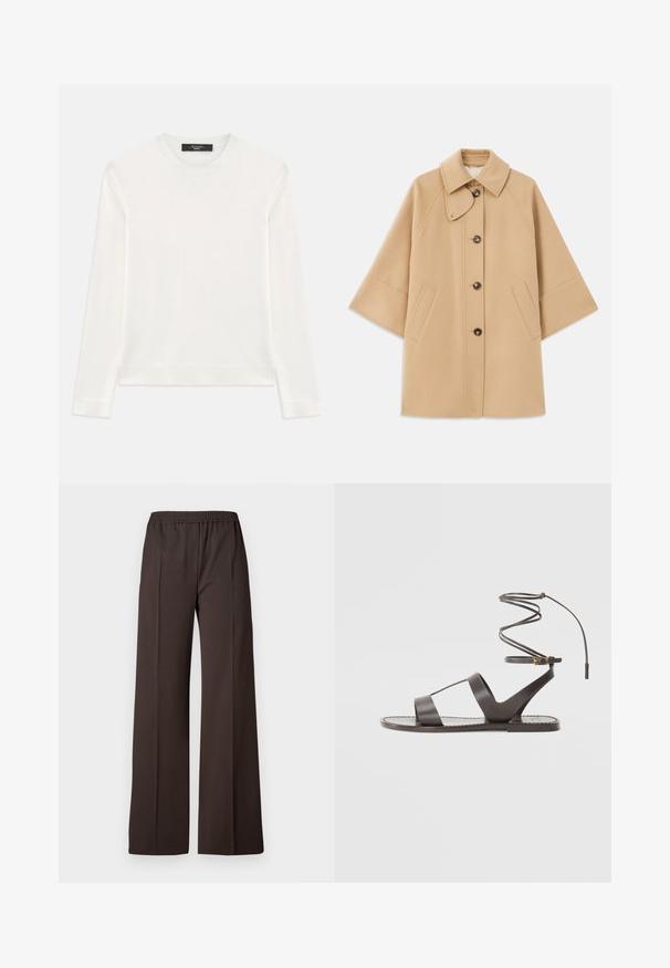Beige Wollmischungsjacke mit klassischem Kragen, durchgehender Knopfleiste und Seitentaschen; verfügt über Raglanärmel und ein sauberes, strukturiertes Design.; Weißer Langarmpullover aus weichem Strickstoff. Mit Rundhalsausschnitt, gerippten Bündchen und Saum. Nahtloses Design ohne Muster.; Weite Hosen aus dunkelbraunem Stoff mit einem elastischen Taillenbund, die eine glatte Textur und klare Linien für einen eleganten Look aufweisen.; Braune Ledersandale mit flacher Sohle, minimalistischem Design, gebogenem Knöchelriemen und mehreren Ausschnitten für Atmungsaktivität.