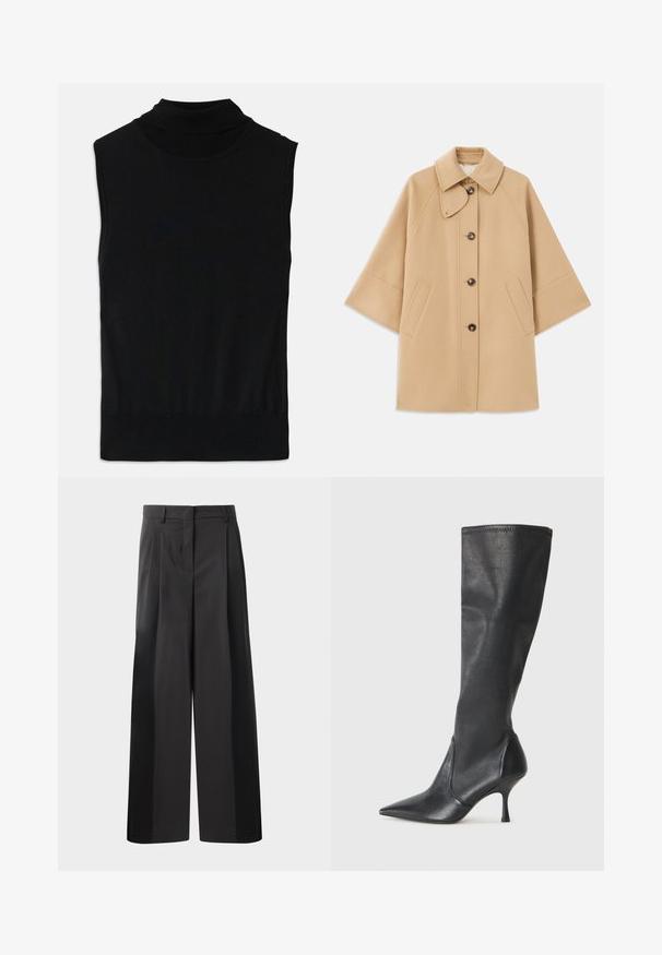 Beige wool blend coat with a classic collar, front button closure, and side pockets; features raglan sleeves and a clean, structured design.; Black sleeveless turtleneck knit top with ribbed hem and collar, laid flat against a white background.; Black wide-leg trousers with a high waist, featuring front pleats, a smooth texture, and a tailored finish. Designed for a relaxed fit.; Knee-high black leather boots with a pointed toe and a slim stiletto heel. Smooth texture with a fitted design and stitching at the top edge.