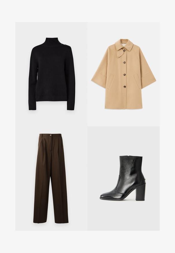 Bežs vilnas maisījuma mētelis ar klasisku apkakli, priekšējo pogu aizdares un sānu kabatām; satur raglanu piedurknes un tīru, strukturētu dizainu.; Melnas džemperis ar augstu apkakli, garām piedurknēm, ribota tekstūra un sānu pogu detaļa uz pleca. Vienkāršs dizains, bez redzamām rakstu norisēm.; Brūnas pielāgotas bikses ar plašām kājām, ar priekšējām krokām, pogu aizdari un gludu, teksturētu audumu.; Melnas ādas potīšu zābaki ar gludu tekstūru, smailu purngalu un masīlu augstu papēdi. Iekļauts sānu atvērums un minimālistisks dizains.