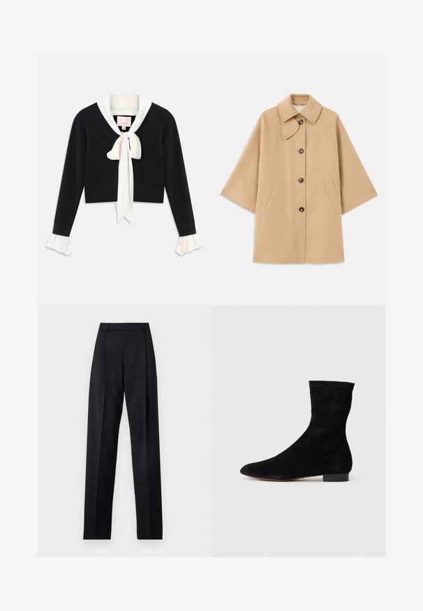 Beige gyapjú mix kabát klasszikus gallérral, elülső gombos záródással és oldalsó zsebekkel; raglán ujjaival és letisztult, strukturált dizájnjával rendelkezik.; Fekete, hosszú ujjú, rövidített pulóver, hozzáerősített fehér gallérral, elülső masnival és fehér fodros mandzsettákkal a ujjain.; Fekete nadrág sima anyagból, magas derékkal, széles lábakkal, elülső redőkkel és klasszikus övhurkokkal. Oldalzsebek nem láthatók.; Fekete velúr bokacsizma, illeszkedő szárral, hegyes orral és alacsony blokk sarokkal. Simább felület és minimalista dizájn, amely sokoldalú stílushoz megfelelő.