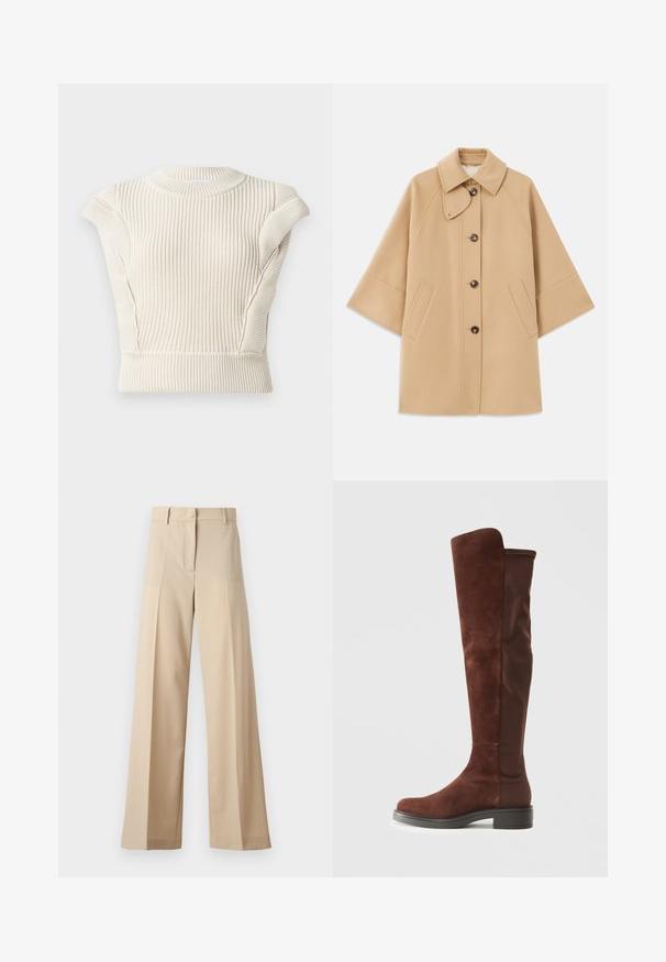 Casaco em mistura de lã bege com colarinho clássico, fecho frontal com botões e bolsos laterais; possui mangas raglan e um design limpo e estruturado.; Blusa de malha canelada creme com mangas curtas e gola redonda. Apresenta tecido texturizado e um design ajustado. Sem fechos visíveis ou padrões.; Calças largas bege feitas de tecido suave, com frente plana com pregas, fecho de correr e passantes para cinto. Ajuste entalhado no geral.; Bota alta em camurça marrom e tecido, com salto baixo preto e bico arredondado, apresentada em vista lateral sobre fundo branco liso.