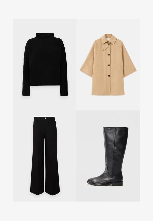 Beige wool blend coat with a classic collar, front button closure, and side pockets; features raglan sleeves and a clean, structured design.; Black turtleneck sweater made from soft fabric, featuring long sleeves and a relaxed fit, with minimal seams and no visible embellishments.; Black wide-leg jeans made of sturdy fabric, featuring a high waist, front pockets, and a front button closure. Flat hem at the bottom.; Black knee-high leather boot with a low heel and rounded toe, showing stitching details along the shaft and vamp.
