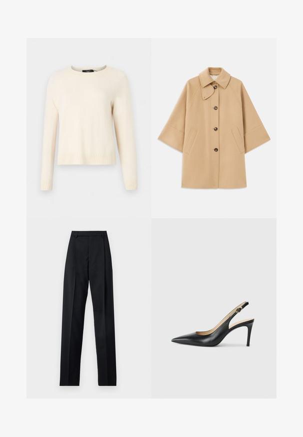 Manteau en mélange de laine beige avec un col classique, fermeture à boutons à l'avant et poches latérales ; présente des manches raglan et un design épuré et structuré.; Weekend Max Mara TAGO - Pullover - ecru; Pantalon noir en tissu lisse avec taille haute, jambes larges, plis à l'avant et passants de ceinture classiques. Pas de poches latérales visibles.; Escarpins en cuir noir avec une pointe fine, une bride ajustable et un talon aiguille élégant, présentant une finition lisse.