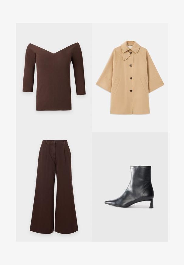 Beige Wollmischungsjacke mit klassischem Kragen, durchgehender Knopfleiste und Seitentaschen; verfügt über Raglanärmel und ein sauberes, strukturiertes Design.; Braun geripptes Off-Shoulder-Top mit V-Ausschnitt, ausgestattet mit Dreiviertelärmeln und einer figurschmeichelnden Silhouette. Glatte Textur überall.; Hochtaillierte, weit geschnittene, braune Hose mit Knopf- und Reißverschluss, Gürtelschlaufen und frontalen Falten.; Schwarze Lederstiefelette mit spitzer Zehe und schlankem Design. Verfügt über einen niedrigen Absatz und einen Reißverschluss hinten. Glatte Textur.