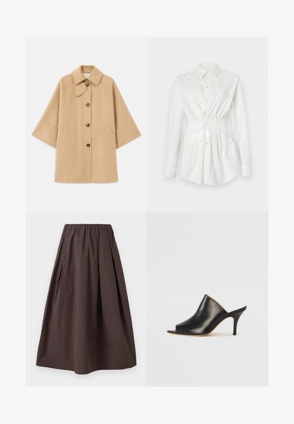 Beige gyapjú mix kabát klasszikus gallérral, elülső gombos záródással és oldalsó zsebekkel; raglán ujjaival és letisztult, strukturált dizájnjával rendelkezik.; Fehér, hosszú ujjú ing, fitted derék részlet és fényes öv akcentussal. Simább, könnyű anyagból készült.; Barna midi hosszúságú szoknya gumis derékkal és finom ráncokkal, fehér háttéren.; Fekete bőr, nyitott orrú mules cipő, elegáns, ívelt kialakítással, magas stiletto sarokkal és sima textúrával. A belső tér világos színű, kontrasztos.