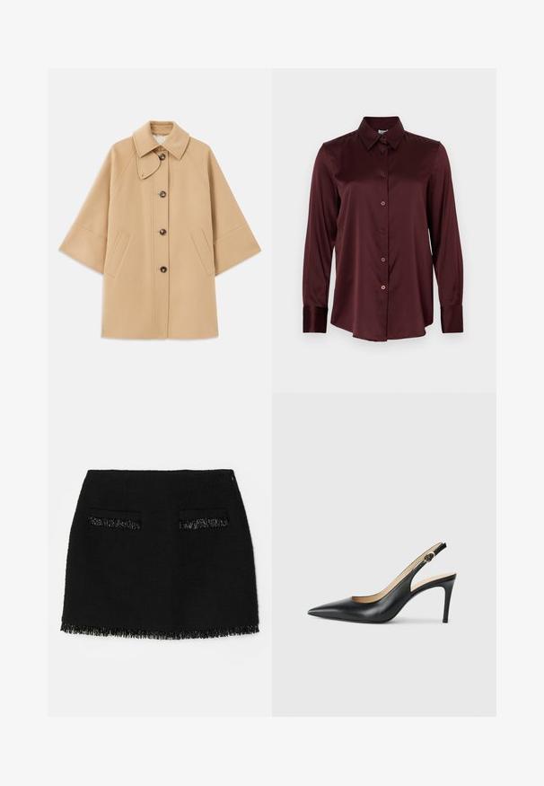 Abrigo de mezcla de lana color beige con un cuello clásico, cierre delantero de botones y bolsillos laterales; presenta mangas raglán y un diseño limpio y estructurado.; Camisa burdeos de manga larga con botones, hecha de tela lisa, con cuello clásico y puños abotonados, con seis botones delanteros.; Falda negra con un tejido texturizado, dos bolsillos frontales y un detalle de dobladillo con flecos. La forma general es un diseño ajustado en A.; Tacones altos negros de cuero con tirantes, punta afilada, correa ajustable y un elegante tacón de aguja, con un acabado suave.