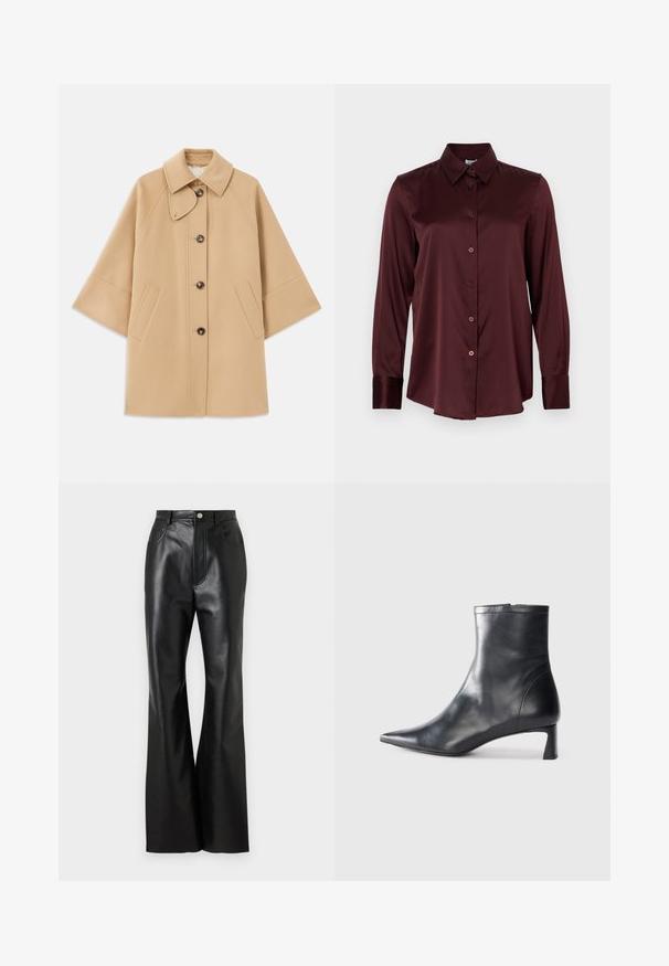 Beige gyapjú mix kabát klasszikus gallérral, elülső gombos záródással és oldalsó zsebekkel; raglán ujjaival és letisztult, strukturált dizájnjával rendelkezik.; Hosszú ujjú bordó selyem ing, hegyes gallérral és gombos elejével, fehér háttér előtt laposan elhelyezve.; Fekete bőr flared nadrág sima felülettel, elülső zsebekkel és kontrasztos varrással. Gombos záródással és strukturált derékpánttal rendelkezik.; Fekete bőr bokacsizma hegyes orral és letisztult dizájnnal. Alacsony sarka és hátsó cipzáras záródása van. Simának tűnő textúra.