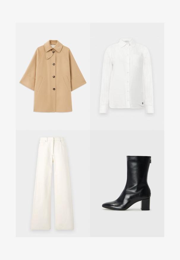 Beige villasekoituksesta valmistettu takki, jossa on klassinen kaulus, etupainikekiinnitys ja sivutaskut; sisältää raglan-hihat ja siistin, jämäkän muotoilun.; Valkoinen pitkähihaine paita, jossa on napillinen kaulus, yksi rintatasku ja hienovarainen teksturoitu kangas. Sisältää mustan brodeeratun logotiedoston.; Harjoittavan levyjalkakevätruokauseurasta on vaalea denimkangas, jossa näkyvät saumat ja taskut. Muotoilu sisältää korkean vyötärön ja suoran leikkauksen.; Musta nahkainen nilkkuri, jossa on terävä kärki ja 4 cm:n lohkokorko. Tyylikäs muotoilu sisältää sivuvetoketjun helppoa pukeutumista varten. Siro pinta.