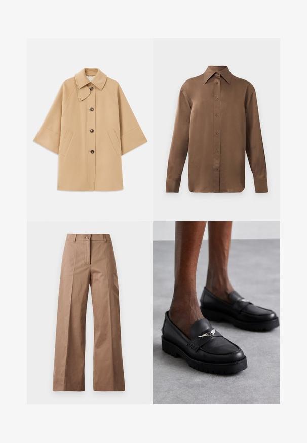 Beige wool blend coat with a classic collar, front button closure, and side pockets; features raglan sleeves and a clean, structured design.; Brown long-sleeve button-up shirt with pointed collar and cuffs, displayed against a plain white background.; Brown wide-leg trousers made from a smooth fabric, featuring a front button closure, two front pockets, and clean, tailored lines.; Black leather loafers with a rounded toe, featuring a silver accent on the strap and a thick, textured sole for added grip.