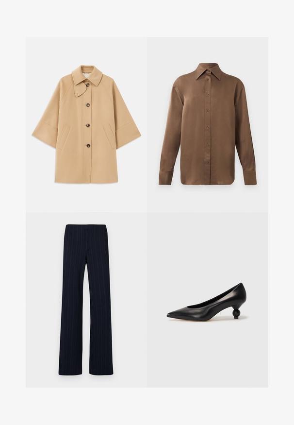 Bežs vilnas maisījuma mētelis ar klasisku apkakli, priekšējo pogu aizdares un sānu kabatām; satur raglanu piedurknes un tīru, strukturētu dizainu.; Brūns garās piedurknes pogājamais krekls ar norādītu apkakli un aprocēm, izlikts pret vienkāršu baltu fonu.; Tumši zili svītraini bikses ar taisnu kāju griezumu, izgatavotas no smalka auduma ar gludu tekstūru un bez redzamām aizdares vietām.; Melnas ādas augstpapēžu kurpes ar smailu purngalu un apaļu papēdi. Gluda tekstūra ar elegantu, minimālistisku dizainu.