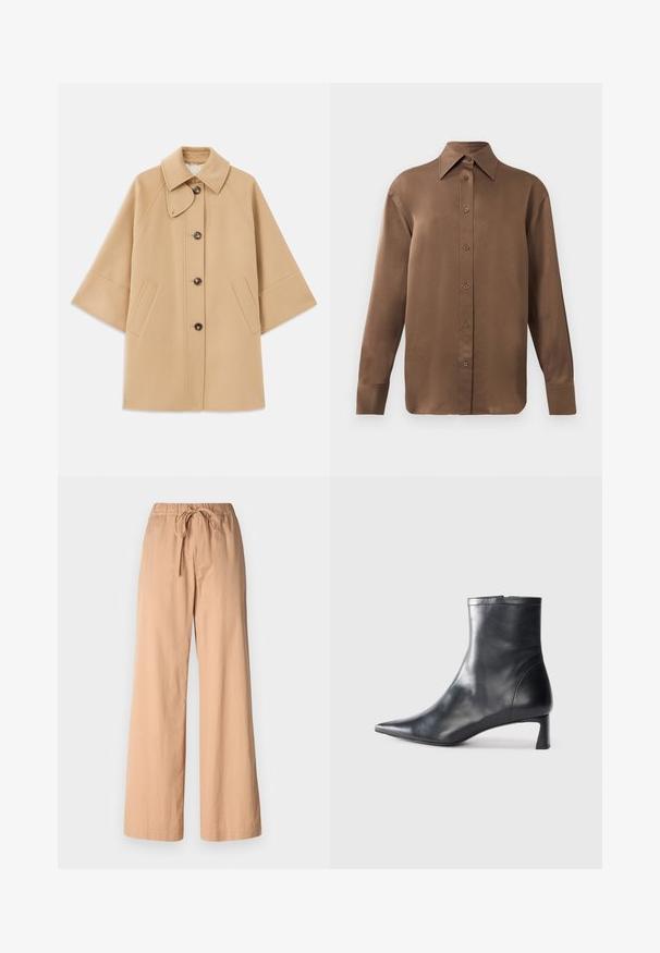 Bežový kabát z vlnenej zmesi s klasickým golierom, predným zapínaním na gombíky a bočnými vreckami; má raglánové rukávy a čistý, štruktúrovaný dizajn.; Hnedá košeľa s dlhým rukávom, so zapínaním na gombíky, s špicatým golierom a manžetami, vystavená na jednoduchom bielom pozadí.; Béžové nohavice s širokými nohavicami a elastickým pásom s šnúrkou na viazanie. Vyrobené z ľahkého materiálu, s hladkou textúrou a čistými líniami.; Čierne kožené členkové topánky s špicatou špičkou a elegantným dizajnom. Majú nízky podpätok a zips na zadnej strane. Hladká textúra.