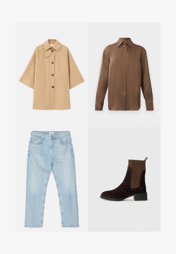 Bežna volnena jopica s klasičnim ovratnikom, sprednjim gumbom za zapiranje in stranskimi žepi; ima raglan rokave in čist, strukturiran dizajn.; Rjav dolg rokav s srajco s gumbi in koničastimi ovratniki in manšetami, prikazana na enostavni beli podlagi.; Svijetloplave traperice ravnog kroja, s pet džepova, kopčanjem na dugme i blagim izblijeđenjem. Šivane detalje uz šavove.; Bordo nubuk gležnjača z teksturiranim rjavim rebrastim pletenim zgornjim delom, gladko površino, nizko blokasto peto in zanko na peti za lažje obuvanje.