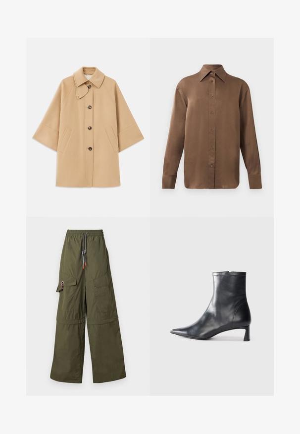 Beige villasekoituksesta valmistettu takki, jossa on klassinen kaulus, etupainikekiinnitys ja sivutaskut; sisältää raglan-hihat ja siistin, jämäkän muotoilun.; Kahvi pitkähihainen napitettava paita, jossa on terävä kaulus ja hihansuut, esillä yksinkertaisen valkoisen taustan edessä.; Vihreät leveälahkeiset cargo-housut, jotka on valmistettu kevyestä materiaalista. Housuissa on joustava vyötärö, useita taskuja sekä erottuvat nyöridetails.; Musta nahkainen nilkkabotti, jossa on teräväkärkinen muotoilu ja tyylikäs design. Varusteena matala korko ja takana vetoketjukiinnitys. Sileä pinta.