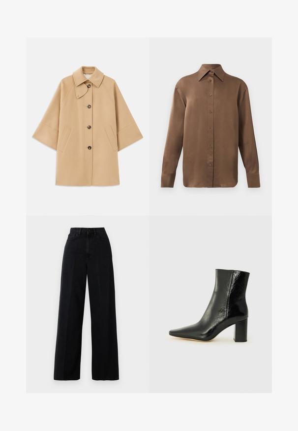 Beige kabát z vlněné směsi s klasickým límcem, zapínáním na knoflíky vpředu a bočními kapsami; má raglánové rukávy a čistý, strukturovaný design.; Hnědá košile s dlouhým rukávem, zapínaná na knoflíky, s špičatým límcem a manžetami, vystavená na jednobarevném bílém pozadí.; Černé široké džíny vyrobené z denimu, s vysokým pasem, předními kapsami a zapínáním na knoflík. Tkanina má hladkou strukturu.; Černé kotníkové boty z lesklé kůže s špičatou špičkou a masivním, čtvercovým podpatkem. Vyznačují se hladkou texturou a minimalistickým designem.