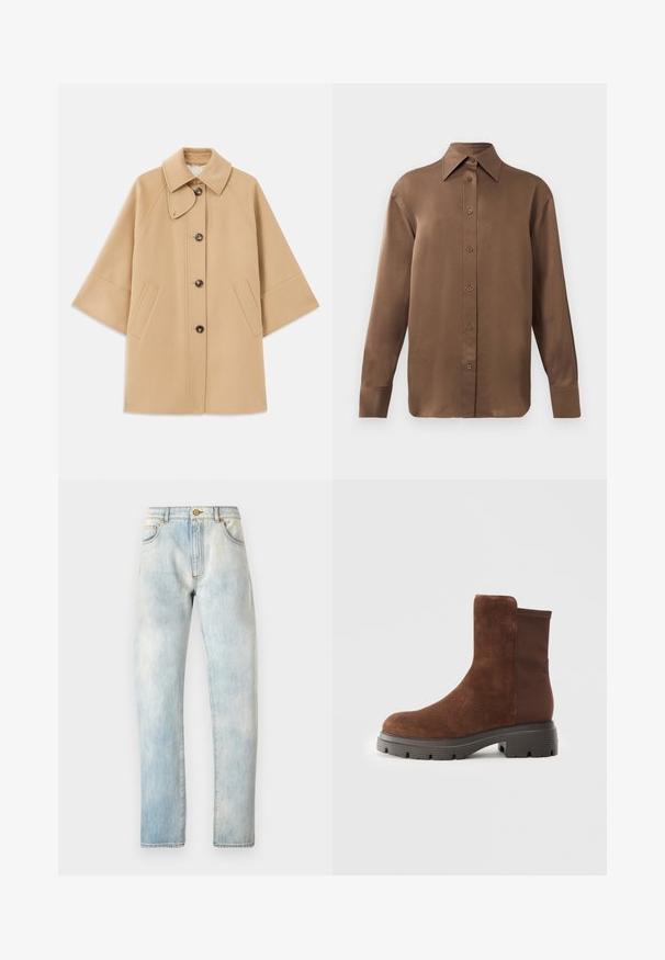 Bež kaput od vune s kombinacijom materijala, klasičnog ovratnika, prednjim zatvorenjem na dugmad i bočnim dzepovima; ima raglan rukave i čist, strukturiran dizajn.; Smeđa košulja s dugim rukavima, s gumbima i šiljastim ovratnikom i manžetama, prikazana na jednostavnoj bijeloj pozadini.; Svijetloplavi traperice ravnog kroja, s pet džepova i kopčanjem na dugme. Imaju izblijedjeli izgled po cijeloj površini, s detaljnim šavovima.; Smeđi antilop čizme do gležnja s elastičnim bočnim panelima, okruglim vrhom i debelim gumenim đonom s teksturiranim uzorkom.