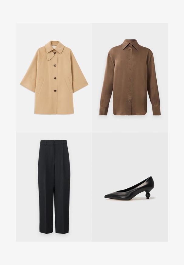 Manteau en mélange de laine beige avec un col classique, fermeture à boutons à l'avant et poches latérales ; présente des manches raglan et un design épuré et structuré.; Chemise marron à manches longues avec un col et des poignets pointus, présentée sur un fond blanc uni.; Weekend Max Mara RONCHI - Pantalon classique - blu; Chaussure à talon haut en cuir noir avec un bout pointu et un talon arrondi. Texture lisse avec un design épuré et minimal.