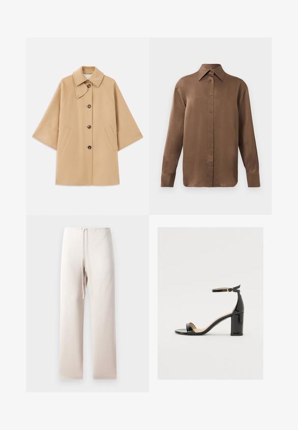 Beige wool blend coat with a classic collar, front button closure, and side pockets; features raglan sleeves and a clean, structured design.; Brown long-sleeve button-up shirt with pointed collar and cuffs, displayed against a plain white background.; Light beige fabric pants with a straight cut, featuring an elastic waistband and drawstring. The material appears soft and smooth.; Black patent leather sandal with a wide heel, open toe, and ankle strap featuring a gold buckle. Smooth texture and sleek design.