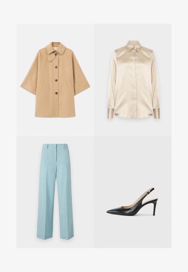 Bež kaput od vune s kombinacijom materijala, klasičnog ovratnika, prednjim zatvorenjem na dugmad i bočnim dzepovima; ima raglan rukave i čist, strukturiran dizajn.; Bež satenasta košulja s oštrim ovratnikom, dugim rukavima, kopčanjem na gumbi i manžetama blago sjajnijeg završetka. Bez uzoraka ili naglasaka.; Svijetloplave, široke hlače s glatkom teksturom, visokim strukom, oštrim naborima i prilagođenim krojem. Bez vidljivih metalnih dijelova ili uzoraka.; Crne kožne slingback visoke potpetice s šiljastim nosom, podesivim trakama i elegantnim stiletto potpeticama, s glatkom završnom obradom.