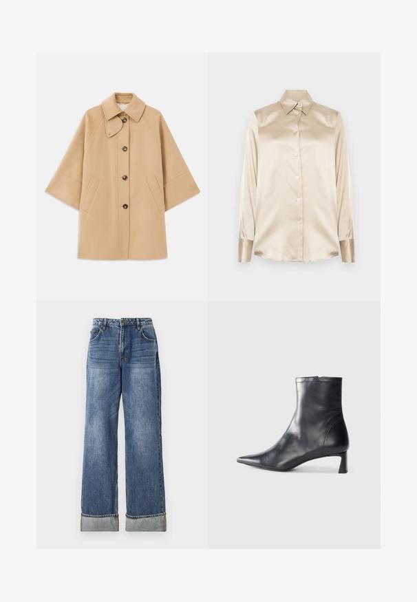 Beež villasegu jakk klassikalise kraega, ees nuppude sulgemise ja küljetaskutega; omab raglan-varrukaid ja puhtalt, struktureeritud disaini.; Beige satiinist särk, millel on terav krae, täispikkade varrukatega, nööbiga kinniti ja veidi läikivamad mansetid. Ilma mustrite või aktsentideta.; Ksubi LOW RIDER CUFFED AGED - Sirgete säärtega teksad - blue denim; Mustad mustall nahkasaabas terava nina ja stiilse disainiga. Omab madalat konts ja luku sulgemist taga. Sile tekstuur.