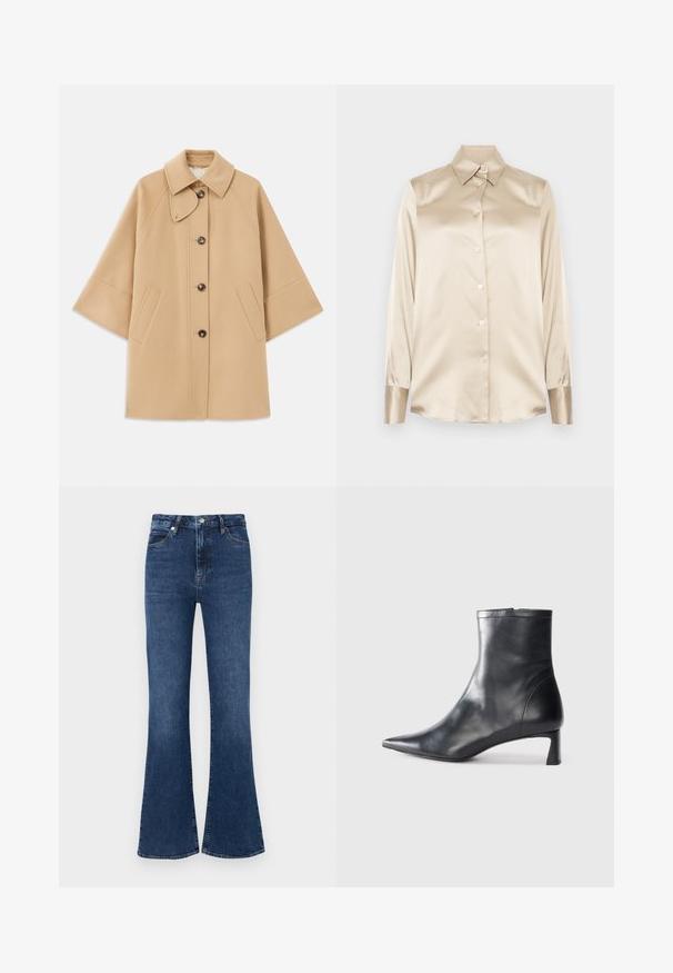 Manteau en mélange de laine beige avec un col classique, fermeture à boutons à l'avant et poches latérales ; présente des manches raglan et un design épuré et structuré.; Chemise en satin beige avec un col pointu, des manches longues, une fermeture par boutons et des poignets à la finition légèrement plus brillante. Pas de motifs ni d'accents.; Jeans évasés bleu foncé en denim, avec une taille haute, un design classique à cinq poches et des accents de couture subtils.; Bottine en cuir noir avec un bout pointu et un design épuré. Présente un petit talon et une fermeture éclair à l'arrière. Texture lisse.