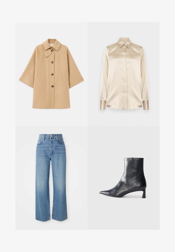 Beež villasegu jakk klassikalise kraega, ees nuppude sulgemise ja küljetaskutega; omab raglan-varrukaid ja puhtalt, struktureeritud disaini.; Beige satiinist särk, millel on terav krae, täispikkade varrukatega, nööbiga kinniti ja veidi läikivamad mansetid. Ilma mustrite või aktsentideta.; Heledad sinise denim teksad, millel on kõrge vöökoht, laiad sääred ja toorikutega allääred. Omab traditsioonilist viie-tasku disaini ja hõbedase tooniga nööpkl Closure.; Mustad mustall nahkasaabas terava nina ja stiilse disainiga. Omab madalat konts ja luku sulgemist taga. Sile tekstuur.