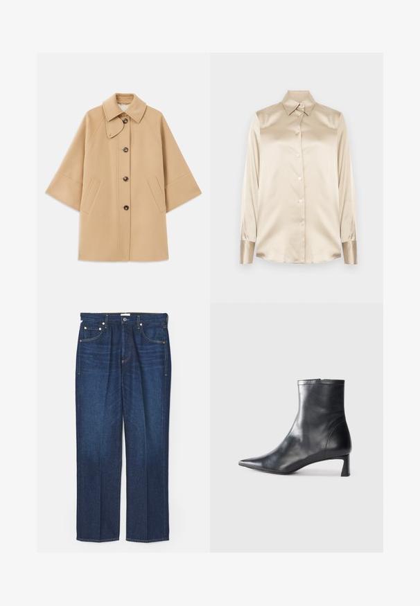 Bež kaput od vune s kombinacijom materijala, klasičnog ovratnika, prednjim zatvorenjem na dugmad i bočnim dzepovima; ima raglan rukave i čist, strukturiran dizajn.; Bež satenasta košulja s oštrim ovratnikom, dugim rukavima, kopčanjem na gumbi i manžetama blago sjajnijeg završetka. Bez uzoraka ili naglasaka.; Tamno plave traperice s ravnim krojem, s klasičnim dizajnom od pet džepova, kontrastnim žutim šavovima i metalnim zakovicama.; Crne kožne gležnjače s uskim vrhom i elegantnim dizajnom. Imaju niski potpetak i zatvaranje na patentni zatvarač straga. Glatka tekstura.